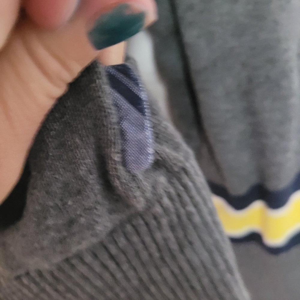 Gray Cardigan with Navy Trim and Yellow Stripes - Picture 7 of 12